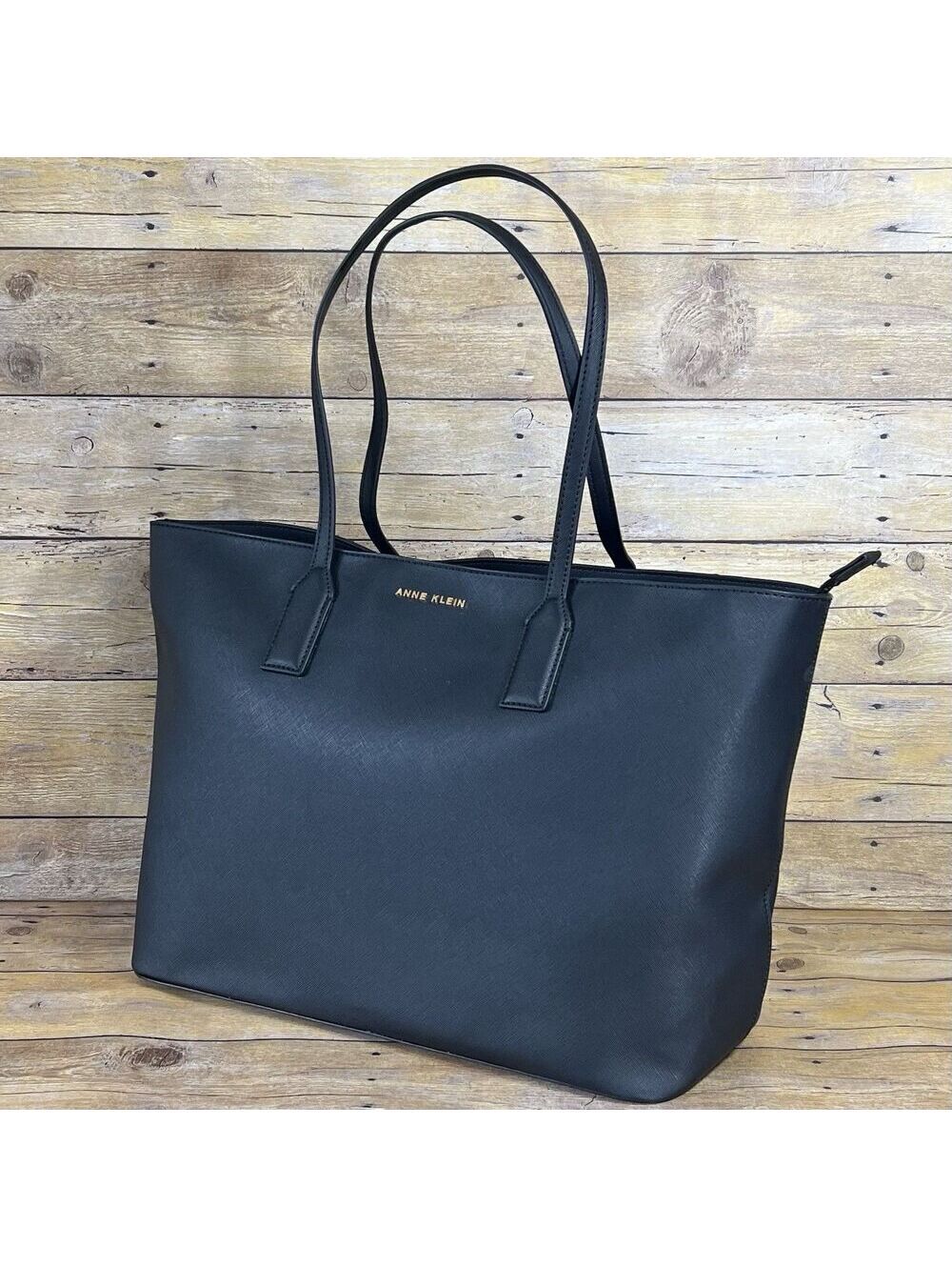 Anne Klein Large Black Saffiano Faux Leather Tote Bag with Gold Hardware